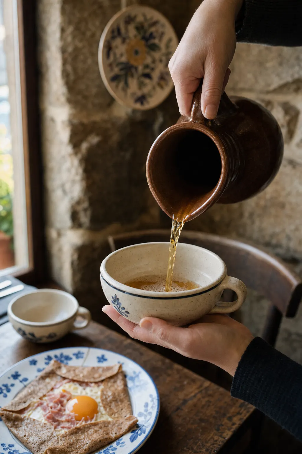 Cidre fermier versé du pichet dans une bolée, à la crêperie Mamilig