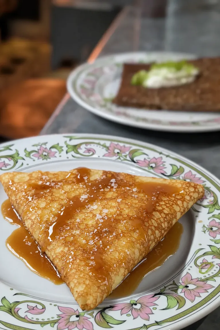 Crêpe de froment au caramel au beurre salé, pliée en quatre sur assiette fleurie