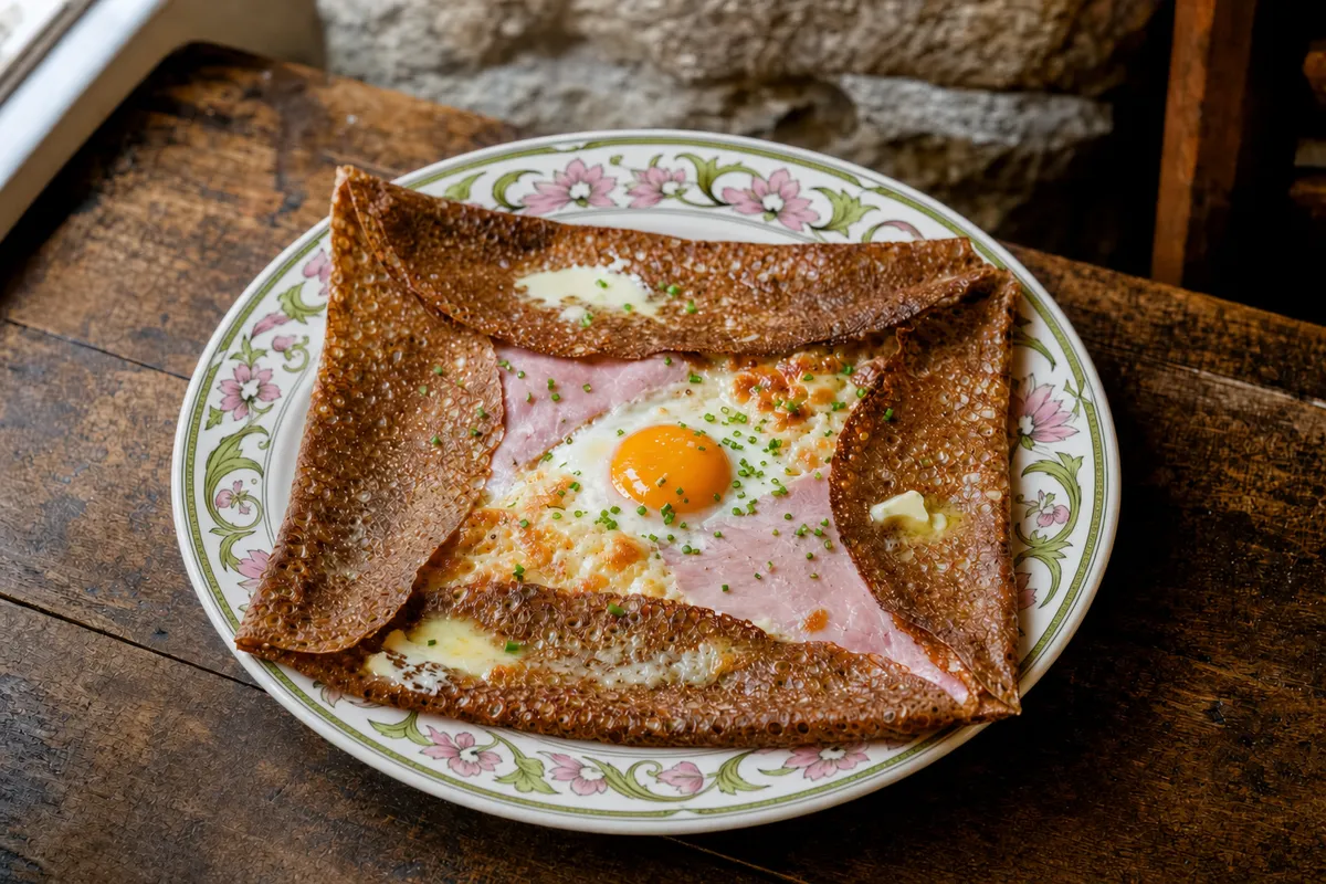 Galette complète de la crêperie Mamilig à Châteaugiron : jambon, œuf, emmental, sur assiette fleurie