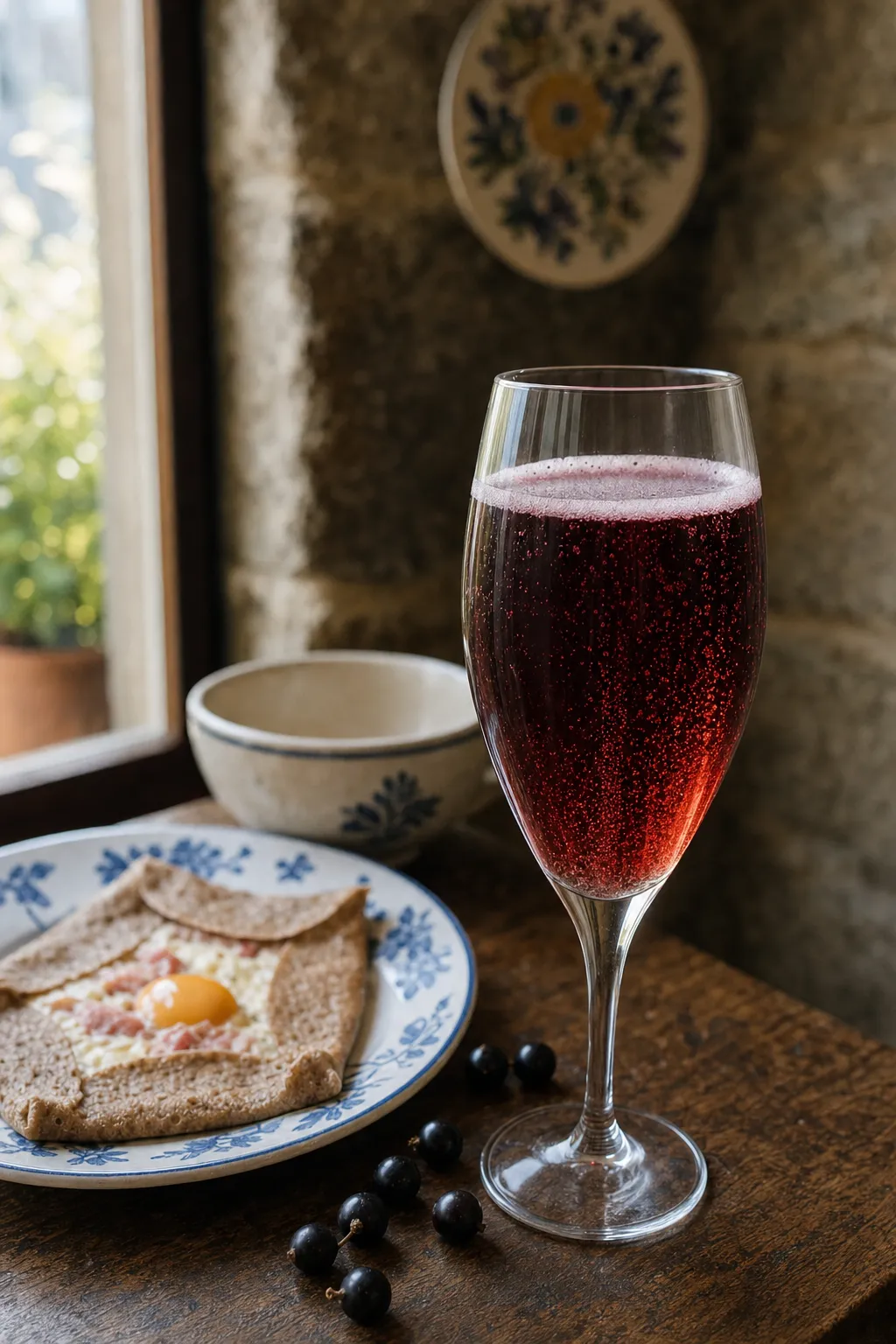 Kir breton, cidre et crème de cassis, dans un verre à pied près du mur de pierre